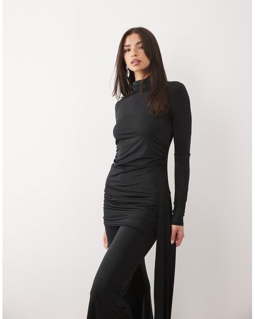 DASKA Black Slinky High Neck Draped Detail Jumpsuit