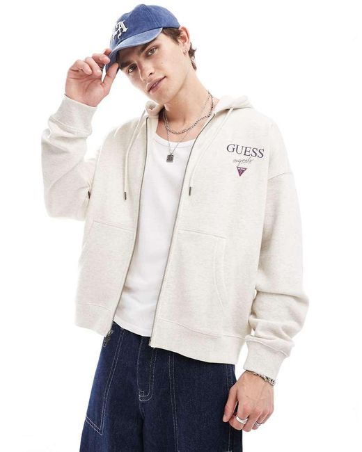 Guess White Stacked Logo Zip-Up Hoodie for men