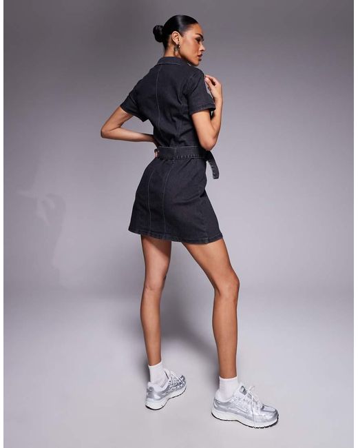 Liquor N Poker Blue Short Sleeve Denim Button Through 60's Style Mni Dress With Chunky Belt
