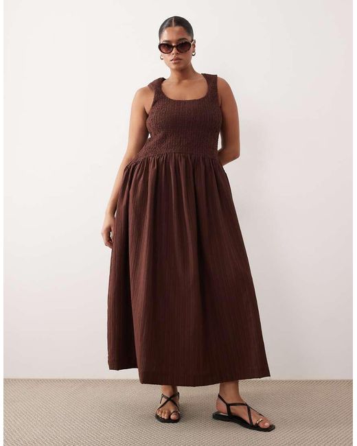 ASOS Brown Asos Design Curve Crinkle Scoop Neck Maxi Sundress With Shirred Waist