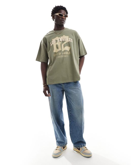 T-shirt oversize kaki con stampa e applicazione sul davanti di ASOS in Blue da Uomo