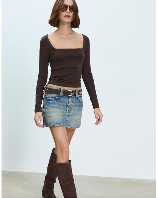 Stradivarius Blue Basic T-shirt With Square Neckline