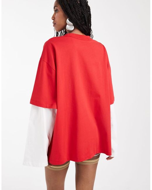 Lioness Red 2 In 1 Oversized T-shirt Overlay And Striped Long Sleeve Shirt In And White