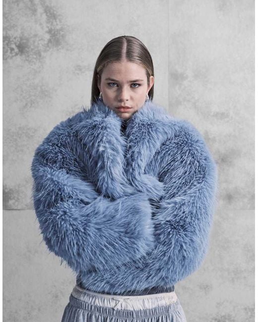 Aria Cove Blue Mongolian Faux Fur Wide Sleeve Cropped Jacket
