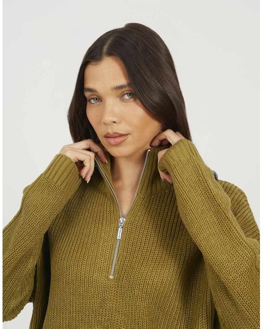 Brave Soul Green Half Zip Funnel Neck Fisherman Knit Jumper