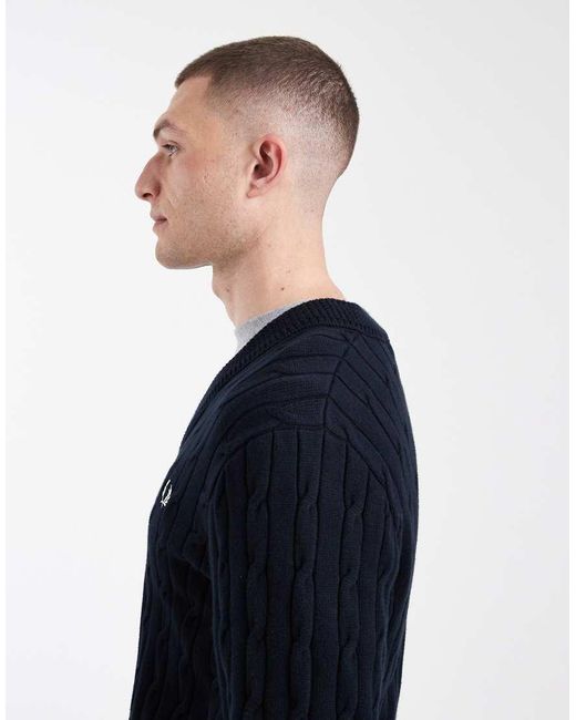 Fred Perry Blue Cable Knit V-neck Logo Jumper for men