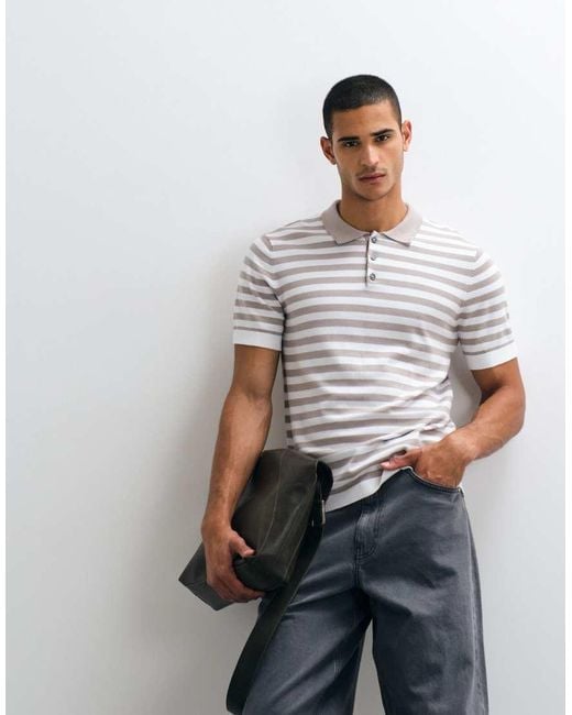 River Island Gray Short Sleeve Stripe Knitted Polo for men