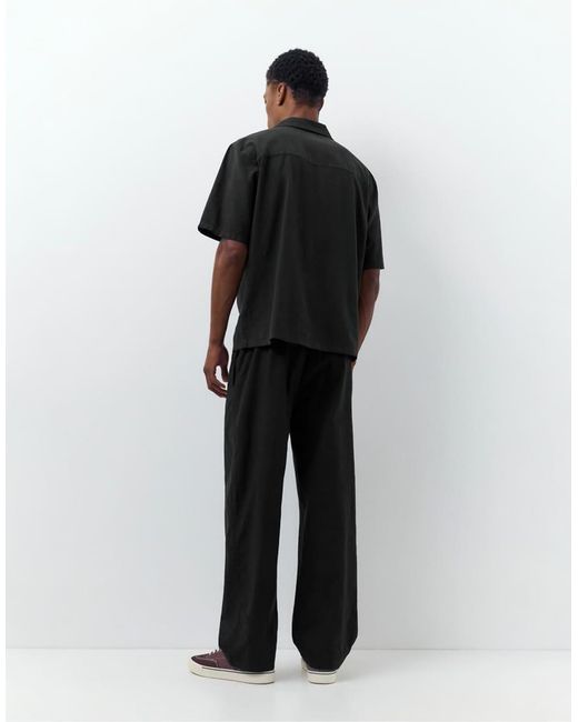 Pull&Bear Black Short Sleeve Linen Blend Shirt for men