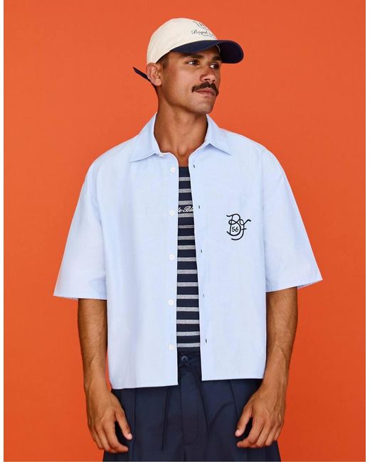 Bershka Blue Oversized Short Sleeve Striped Shirt With Embroidery for men
