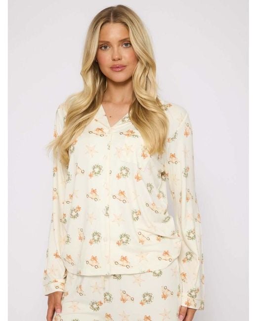 Loungeable White Neutral Christmas Button Shirt And Long Pant Pyjamas Set