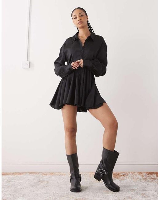 Monki Black Long Sleeve Crinkle Satin Shirt Dress With Floaty Skirt