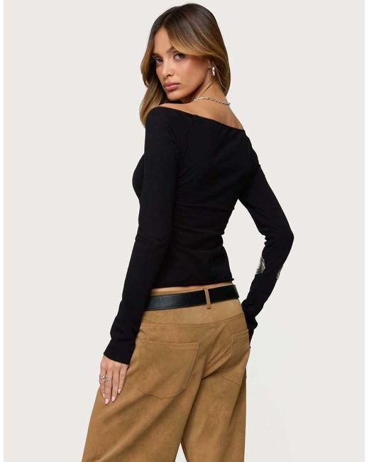 Edikted Blue Nattie Off Shoulder V Neck Top