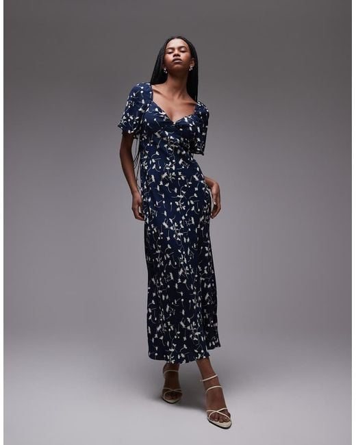 & Other Stories Blue Puff Sleeve Midaxi Dress With Twist Sweetheart Neckline