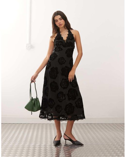 Lioness Black Stars Align Halterneck Lace Trim Open Back Devore Dress
