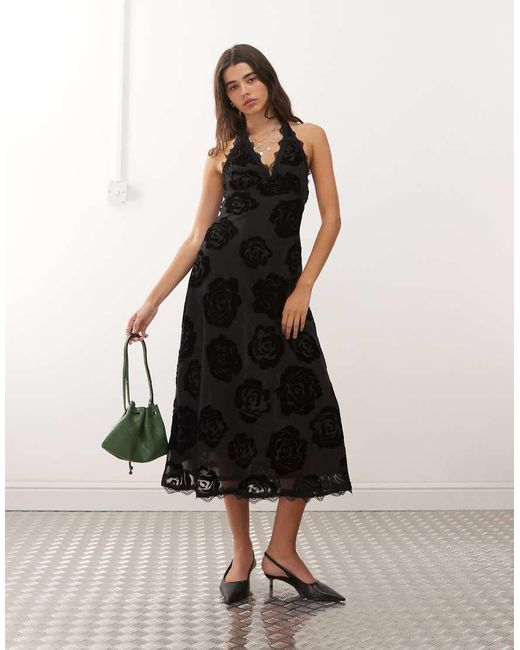Lioness Black Stars Align Halterneck Lace Trim Open Back Devore Dress