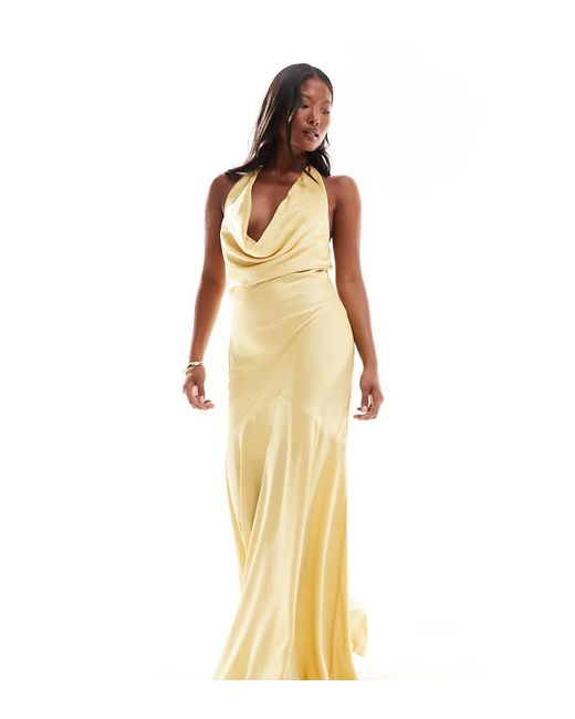 TFNC London Metallic Bridesmaids Cowl Halterneck Satin Maxi Dress