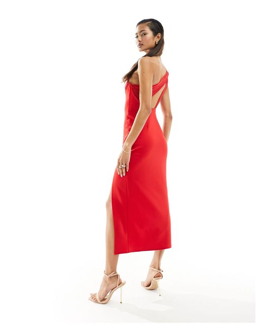 ASOS Red Draped One Shoulder Midi Dress With Cut Out Back