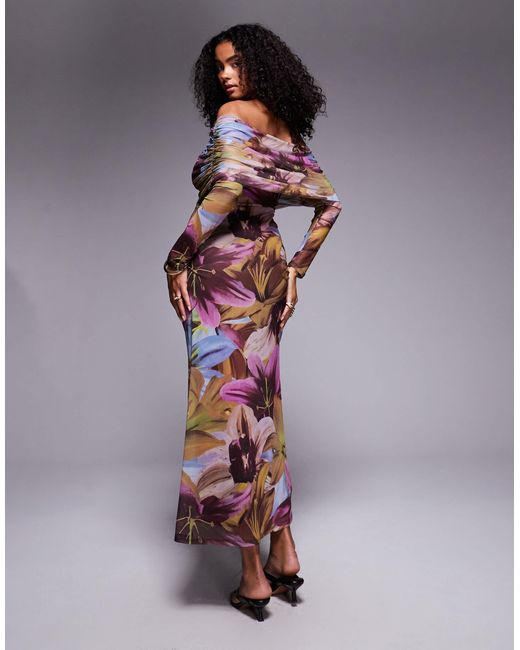 ASOS Purple – langärmliges midikleid mit carmen-ausschnitt und dunklem blumenmuster