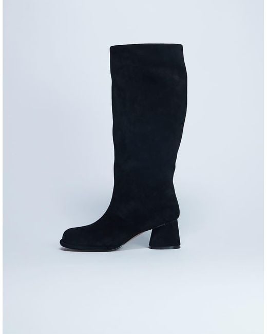 TOPSHOP Black Thea Real Suede Knee High Block Heel Boot
