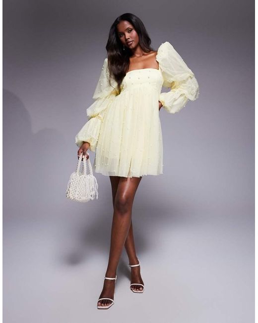 ASOS Blue Tulle Baby Doll Dress With Pearl Embellishment