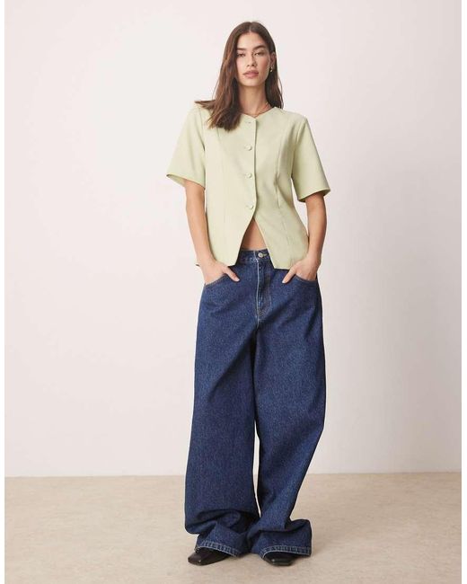 Abercrombie & Fitch Elegante Top Met Korte Mouwen En Knoopsluiting in het Blue