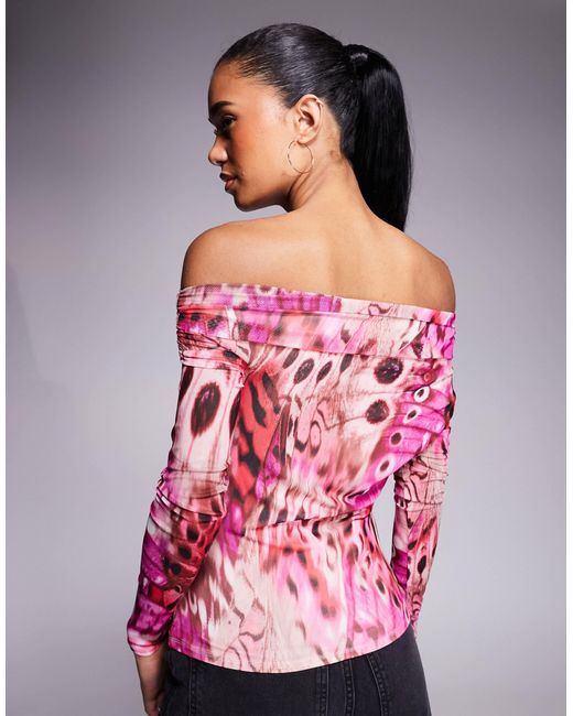 AFRM Pink Asymmetric Off Shoulder Mesh Top