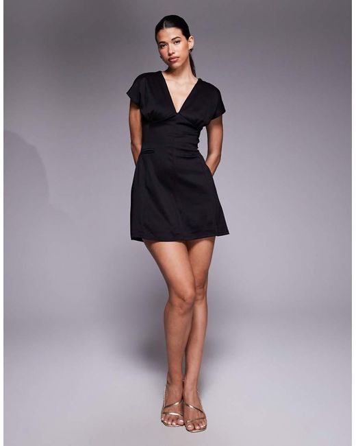 ASOS Black Short Sleeve Plunge Seam Detail Mini Dress