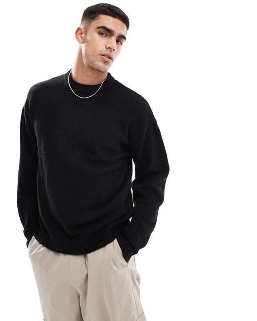 Jack & Jones Black Oversized Fluffy Crew Neck Jumper for men