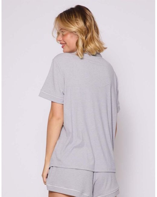 Loungeable White Rib Short Sleeve Traditional Shirt And Shorts