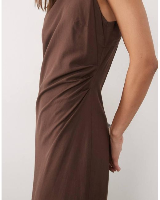 Mango Brown Ruched Side Sleeveless Midi Dress