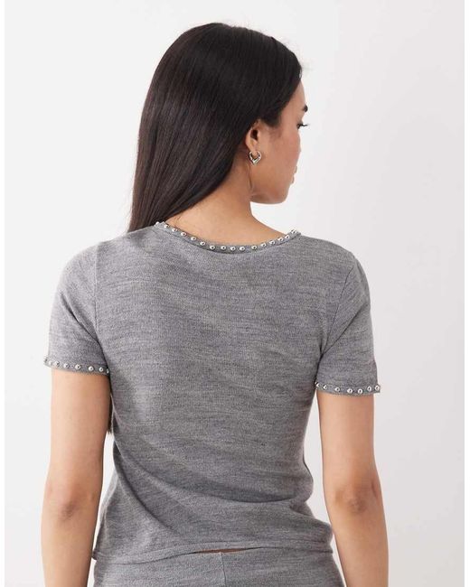 Mango Gray Studis Knitted Short Sleeve Top With Studs Co-Ord