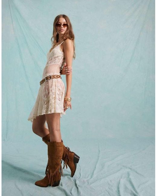 Miss Selfridge Green Festival Lace Asymmetric Mini Dress