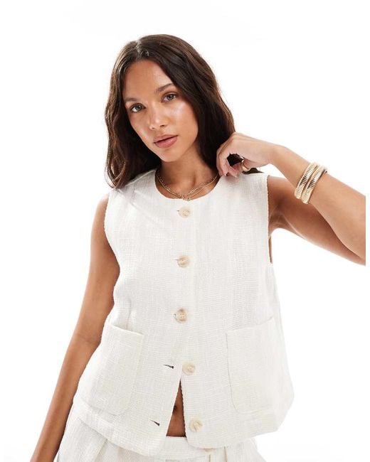 Pieces White Linen Look Cropped Waistcoat Co-ord