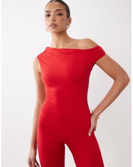 AFRM Red Gina Asymmetric Shoulder Capri Jumpsuit