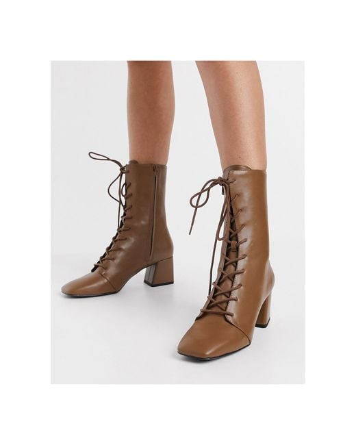 Monki Brown Thelma Vegan Leather Lace Up Heeled Boot