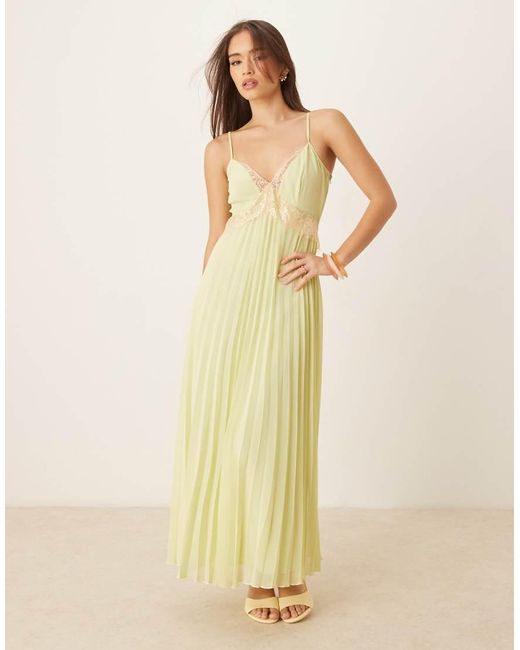 ASOS Yellow V Neck Lace Trim Pleated Cami Midi Dress