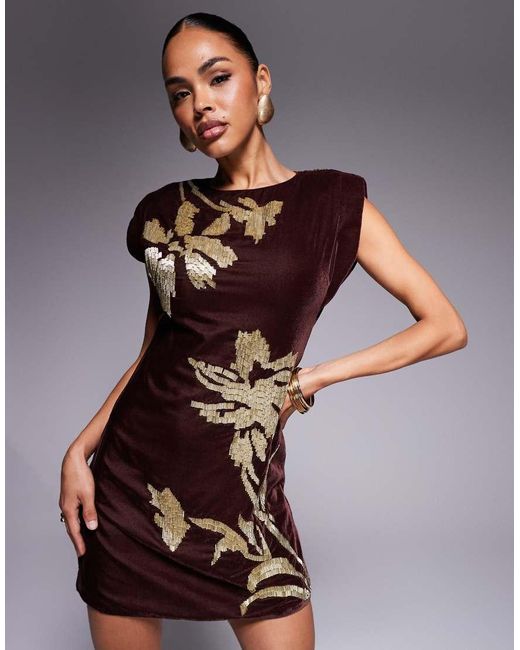 ASOS Brown Velvet Shoulder Pad Mini Dress With Floral Embellishment