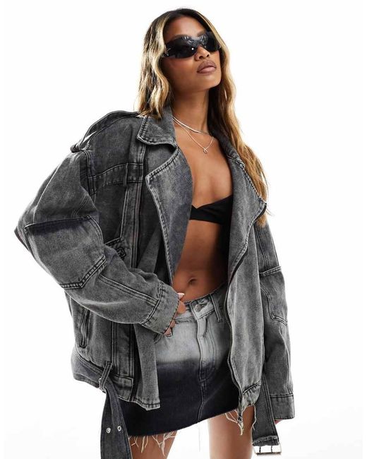 Liquor N Poker Black Oversized Denim Biker Jacket
