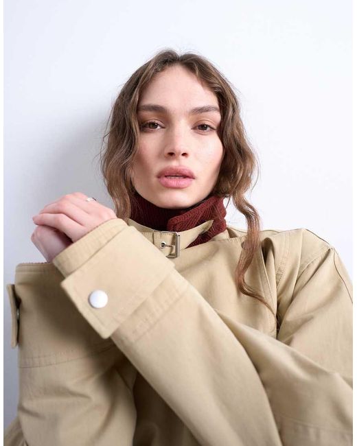 TOPSHOP White Longline Oversized Funnel Trench Coat With Contrast Collar And Buckle Detail