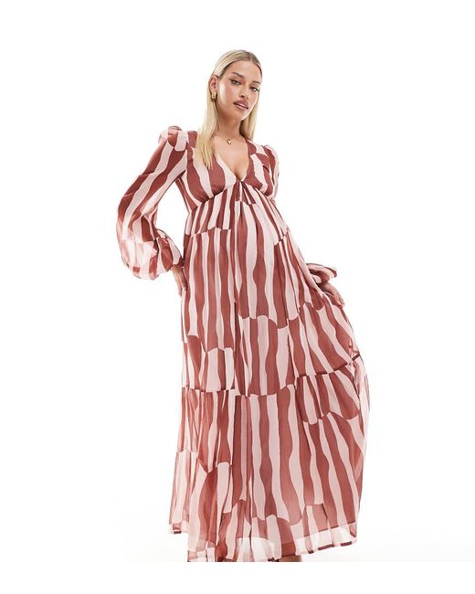 ASOS Asos Design Maternity Long Sleeve V Neck Tiered Maxi Dress