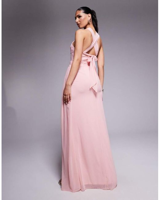 Goddiva Pink Halterneck Thigh Split Chiffon Maxi Dress