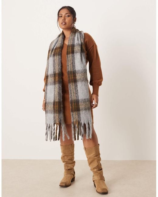 ASOS Brown Woven Plaid Tassel Scarf