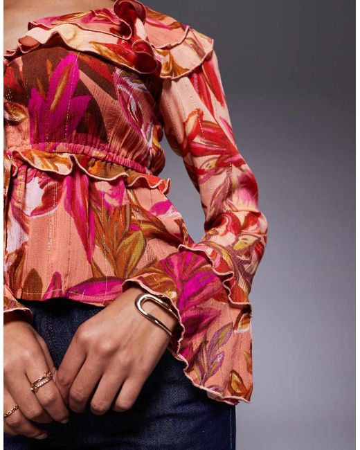 River Island Red Floral Long Sleeve Sheer Top
