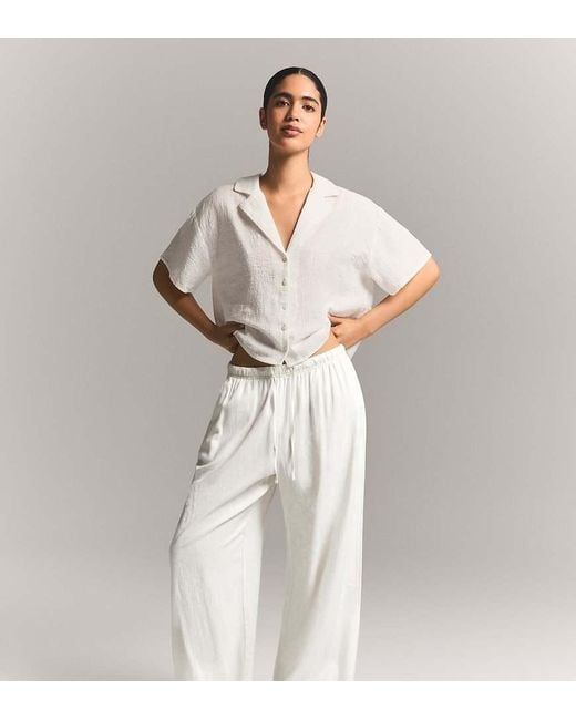 Bershka White Petite Linen Blend Trousers With An Elasticated Waistband