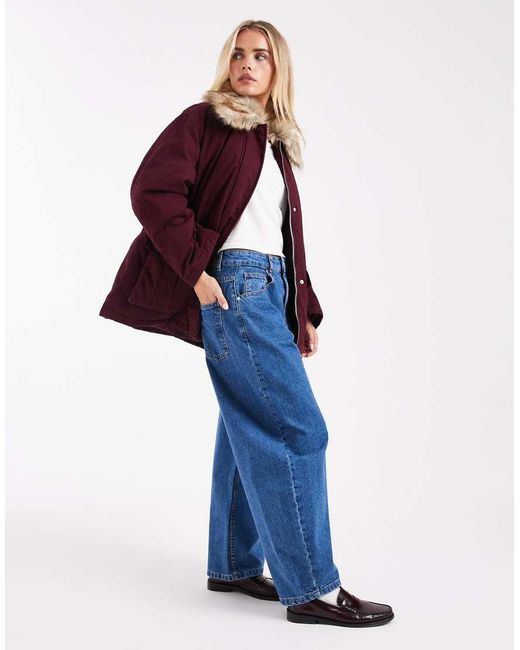 Miss Selfridge Red Faux Fur Collar Parka