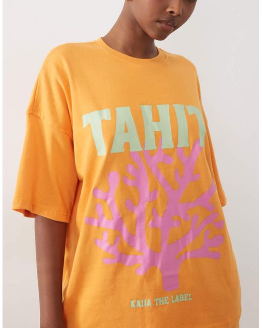 Kaiia Orange Cotton Rich Tahiti Graphic Oversized T-shirt Co-ord