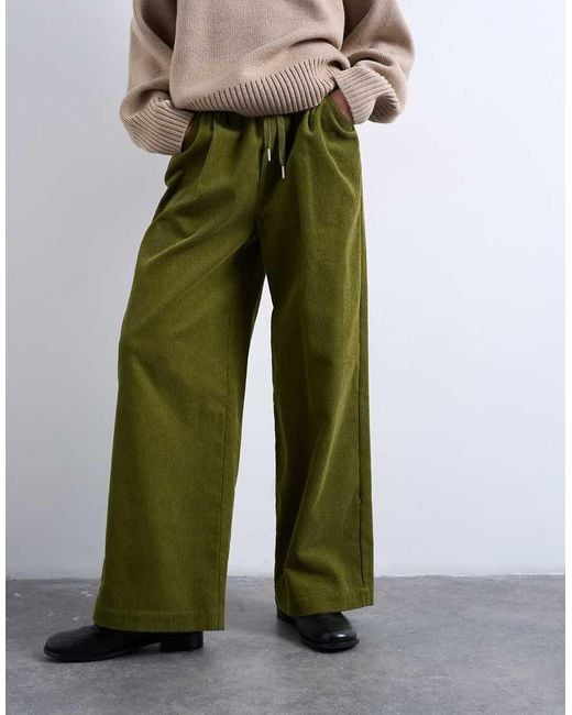 TOPSHOP Green Corduroy Wide Leg Pants With Drawstring