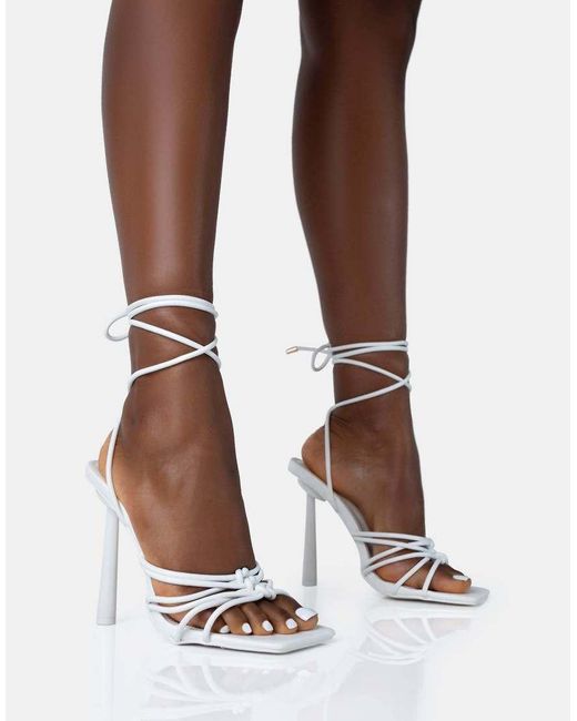 Public Desire Brown Glow Up Pu Knotted Strappy Lace Up Square Toe Stiletto Heels