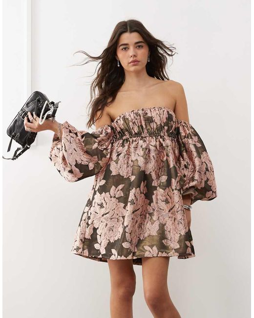 Vestido Con Mangas Abullonadas, Escote Bardot Y De Miss Selfridge de color Natural