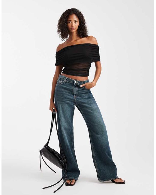 ASOS Black Semi Sheer Mesh Fold Over Ruched Off Shoulder Top